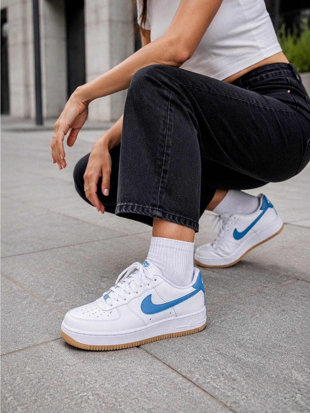 Nike Air Force 1 Low White Blue Gum Sole Sneakers – Size 6Y / Women’s 7.5